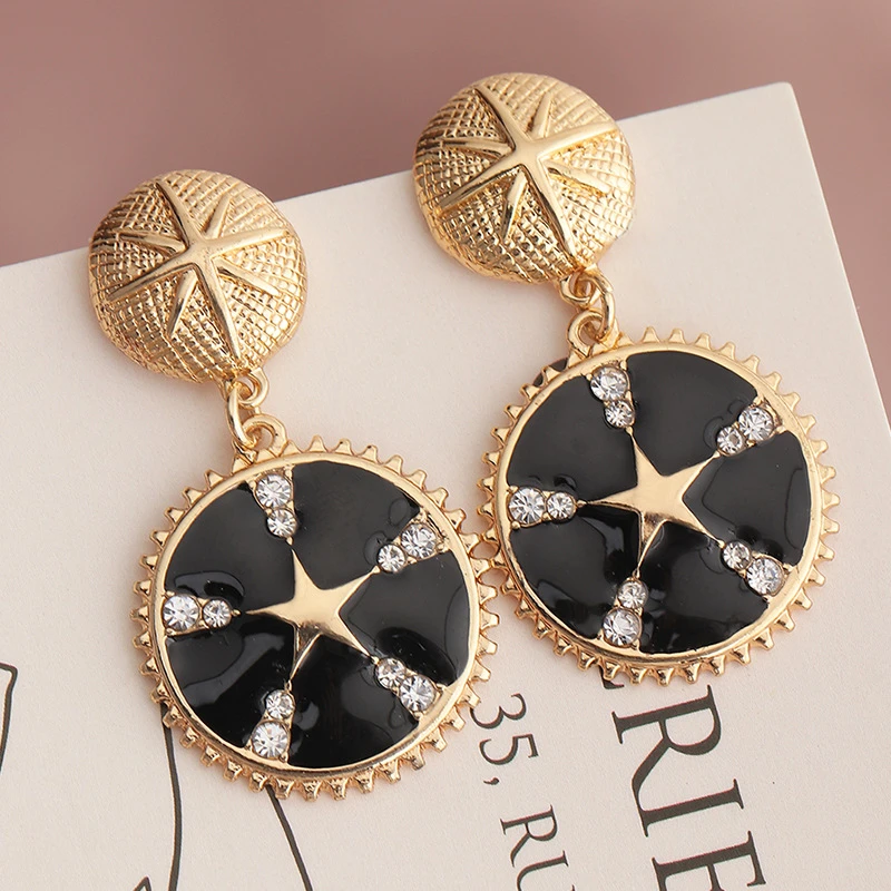 

Luokey Fashion Vintage Round Coin Drop Earrings For Women Black Enamel Crystal Moon Star Dangle Earrings For Girls Charm Jewelry