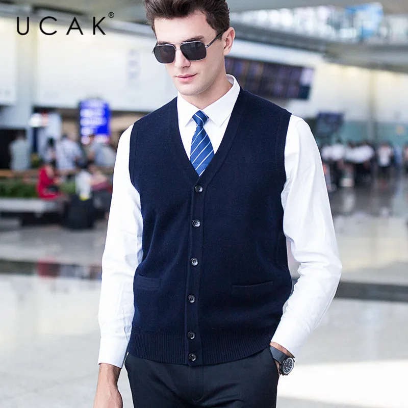 Мужской однотонный жилет UCAK теплый повседневный из мериона с v образным вырезом