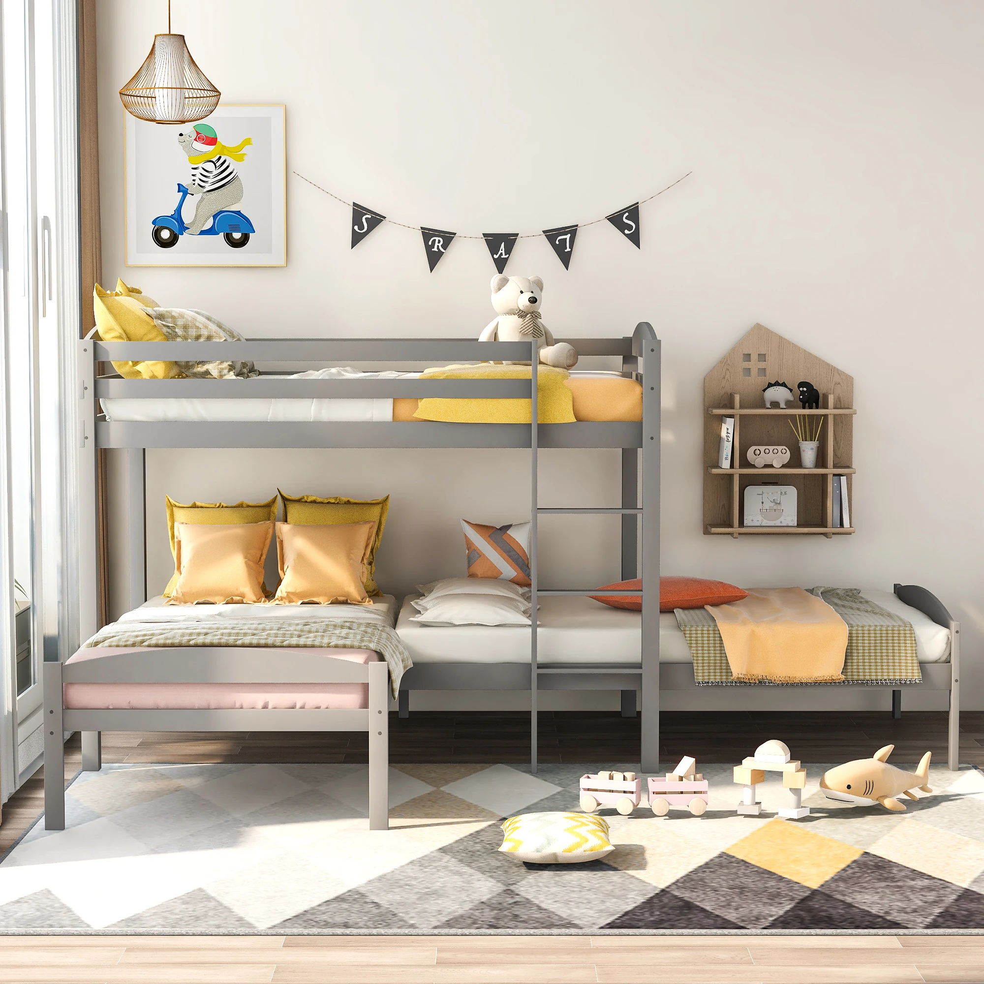 

Twin Over Twin Over Twin Bed, L-shaped Bunk Bed, Pine Wood Bed Frame for Kids and Teens, Gray