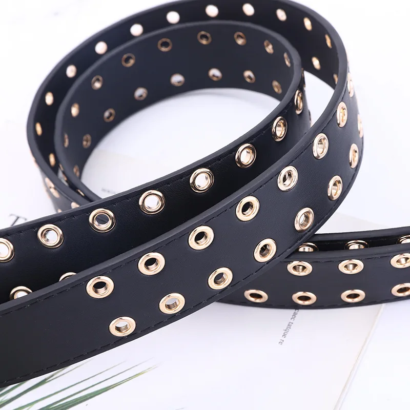 

1PCS Metal Chain Women Belt Decorative Punk Style Belts Wide Waistband Alloy Pin Buckle Double Eyelet Hollow Waist Strap