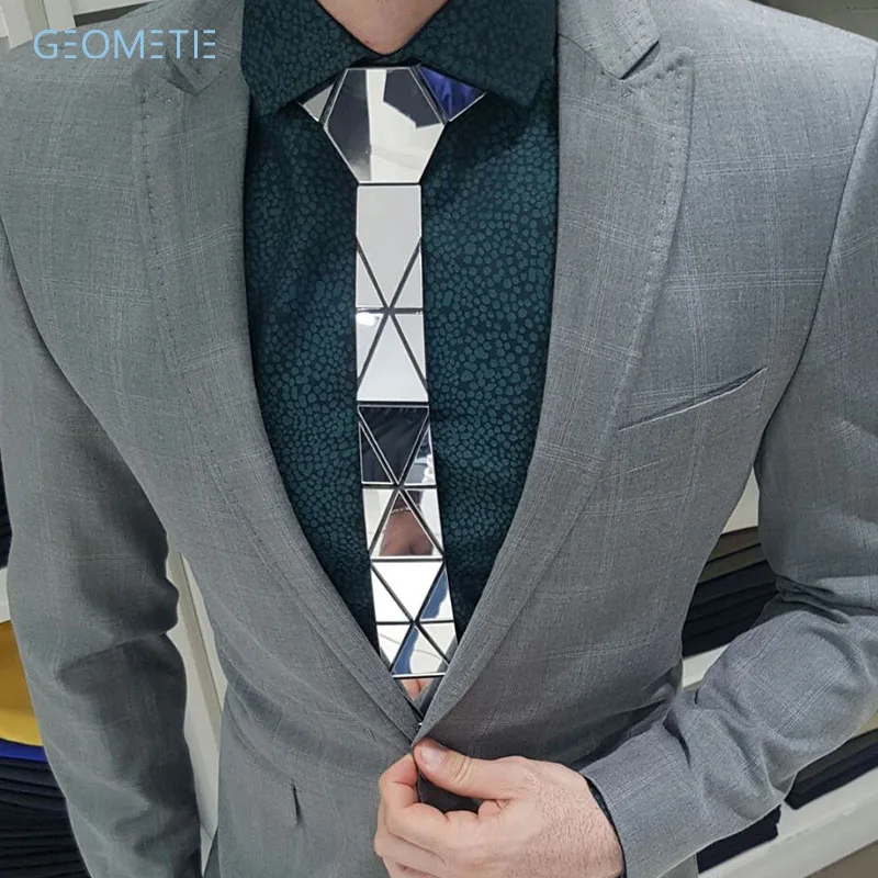 Фото Handmade Glossy Silver Diamond Shape Acrylic Necktie Tie Gift Box Silver Mirror Slim Fashion Necktie Formal Suits Tie Wedding №2