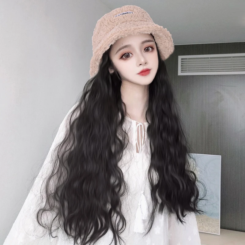

WEILAI Wig Women Matte silk long curly Hair Joker Wool fisherman hat Wig Women Fall/winter Ins Fashion Headgear