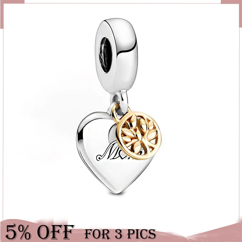 

925 Sterling Silver Bead Two Tone Family Tree & Heart Dangle Charm Fit Original Pandora Bracelet Women Jewelry Mother's Day Gift