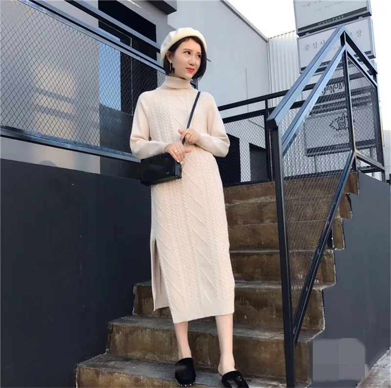 2019 зимнее платье свитер с высоким воротом женское трикотажное большого размера