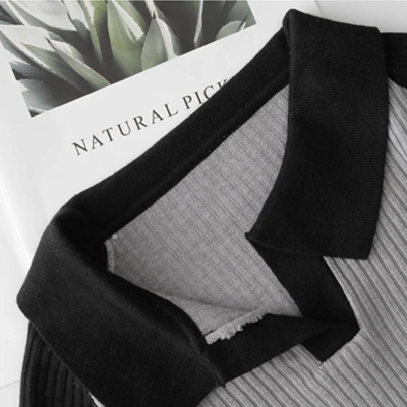 

Vintage Long Sleeve Streetwear Outwear Women Patchwork Turn-down Collar T-shirts Korean Style New Knitted All-Match Loose Trendy