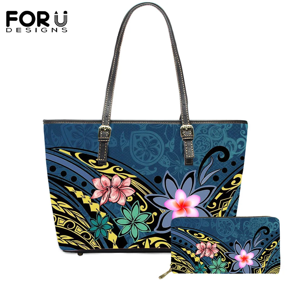 

FORUDESIGN 2Pcs New Casual Ladies Shoulder Bags Wallets Samoan Hawaiian Polynesian Plumeria Print Design PU Shopping Handbags