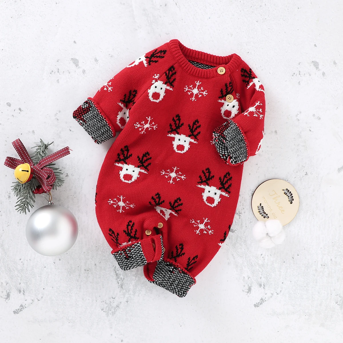 

Winter Christmas Baby Rompers Toddler Deer Snowflake Pattern Long Sleeve Round Neck Fawn Sweater Jumpsuit Kids Xmas Clothing