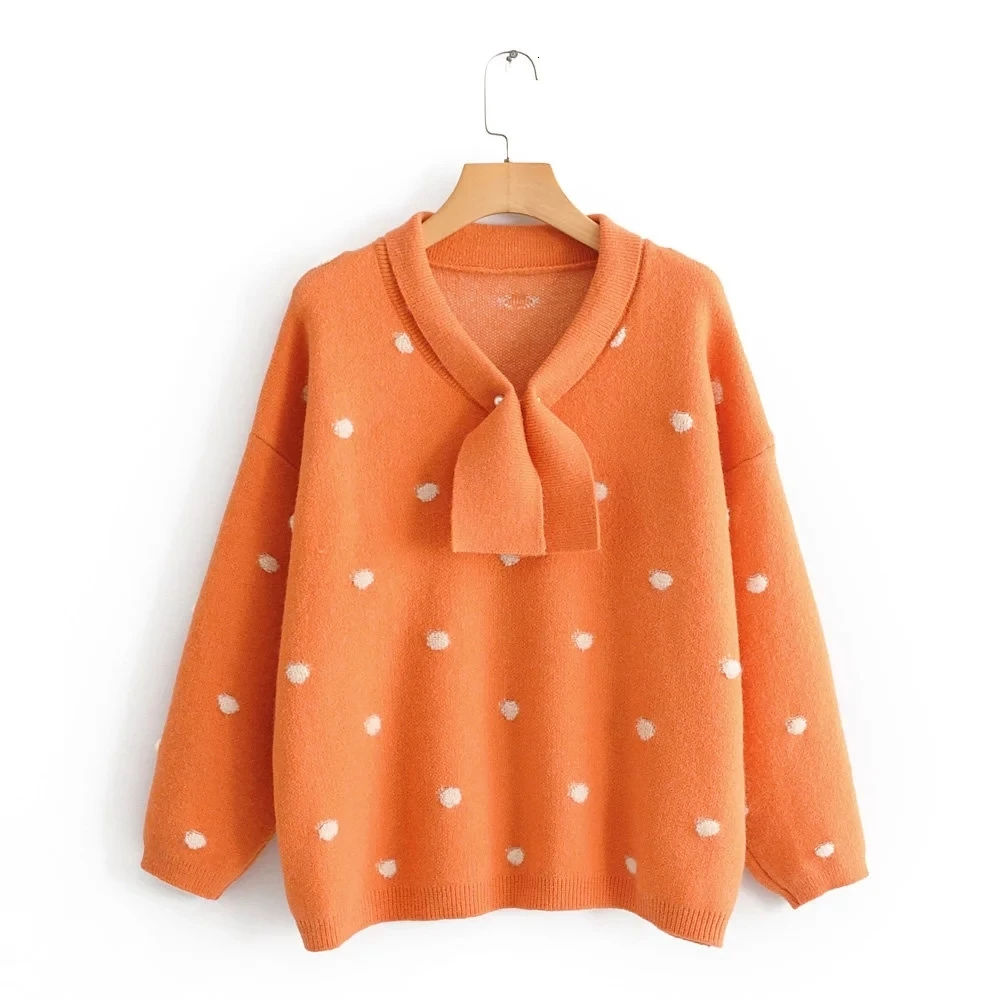 H.SA Women Winter Sweaters Long SLeeve Crew Neck Pink Pullover and Sweater Polka Dots Bow Sweaters Kawaii Knitwear Tops