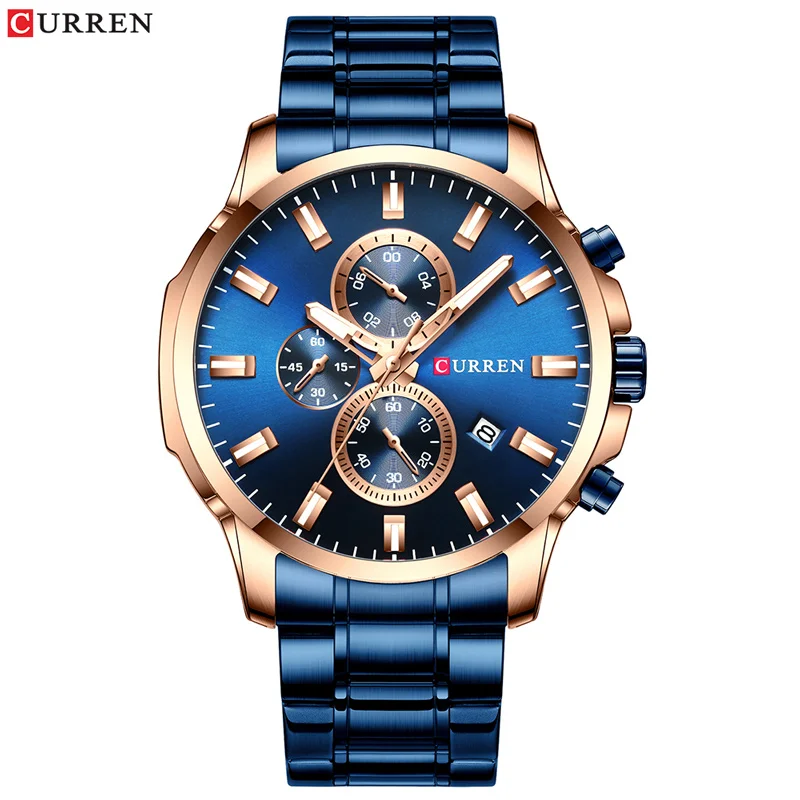 rose blue Новинка CURREN классические спортивные черные мужские часы, хронограф из нержавеющей стали Мужские кварцевые часы наручные часы светящиеся руки Reloj Hombre - Цвет: rose blue