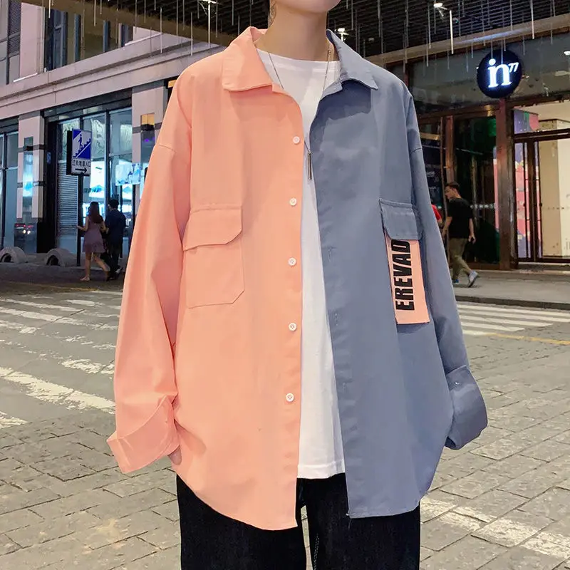 

Autumn Long-sleeved Shirt Male Splicing Ruffian Handsome Shirt Trend Spring and Autumn Jacket Ins Net Red Hong Kong Style
