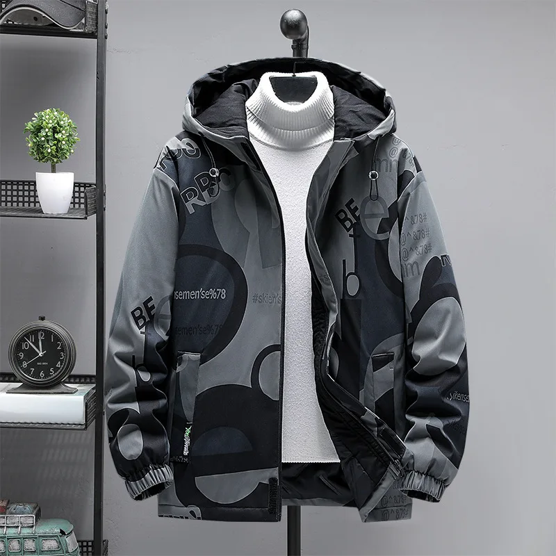 Men's Fashion Plus Size Printed Sports Jacket Autumn and Winter Youth Hooded Padded Jacket Japanese Trendy Brand Winter Jacket
