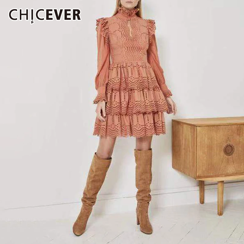 CHICEVER вышитое Открытое платье для женщин стоячий воротник рукав фонарик высокая