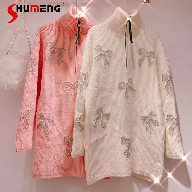 

Women's Blue Thickened Winter Sweater 2022 New Korean Style Sweet Rhinestone Bow Stand Up Collar All-Match Warm Knitted Jumpers