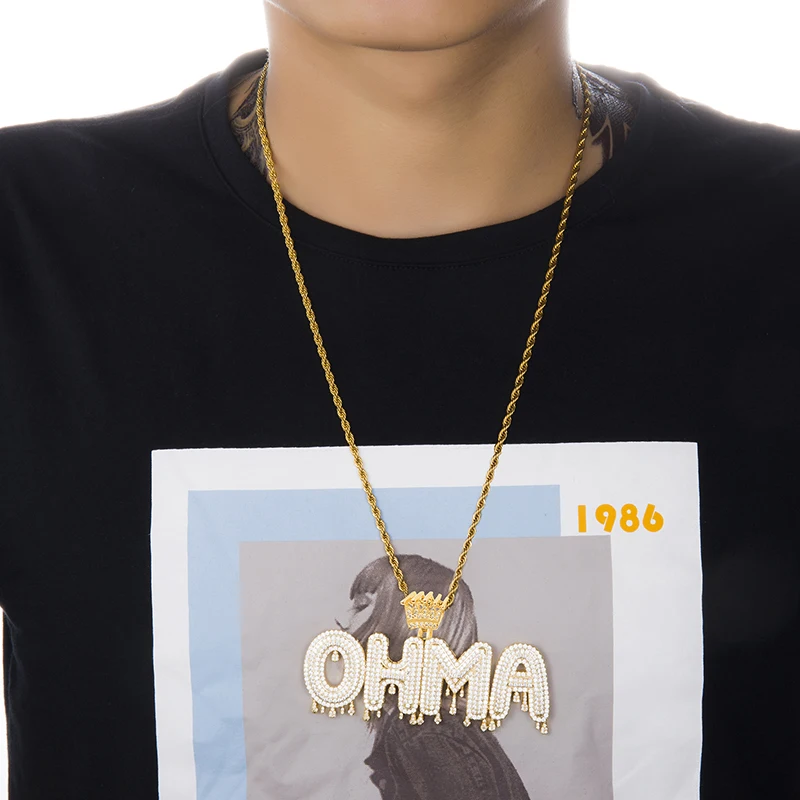 

Custom Name Gold Crown Bail Drip Initials Bubble Letters Chain Pendant Necklaces For Men Women Cubic Zircon Hip Hop Jewelry