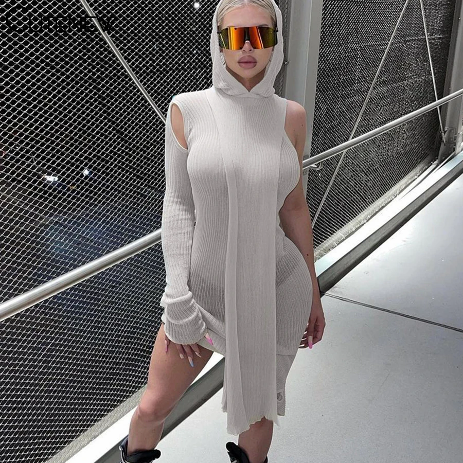 

Cutenew Knitted Sexy See Through Single Shoulder With Detachable Hooded Dress Women Autumn Solid Casual High Street Lady Outfits