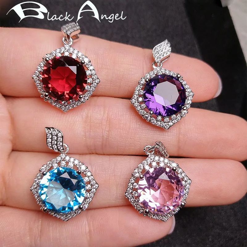 

BLACK ANGEL 925 Silver Necklace for Women Luxury Red Crystal Blue Gemstone Jewelry Accessories Party Gifts Pink Circle Pendant