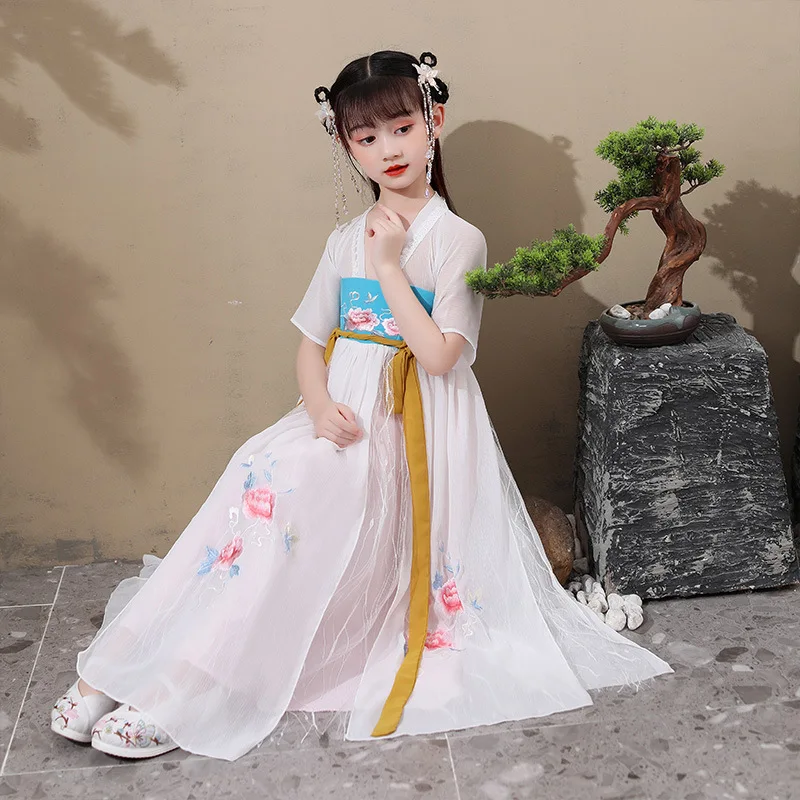 

Vintage Fancy Lace Summer Embroidery Oriental Costume Princess Stage Girls Hanfu Dress Traditional Chinese Folk Dance Costume
