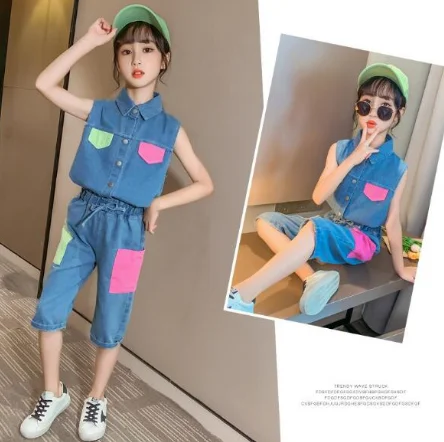 

Girls Clothes Set Summer Kids Patchwork Pocket Tops Pants Two Piece Set Children Clothing Baby Girls Outfits 5 6 7 8 10 Years