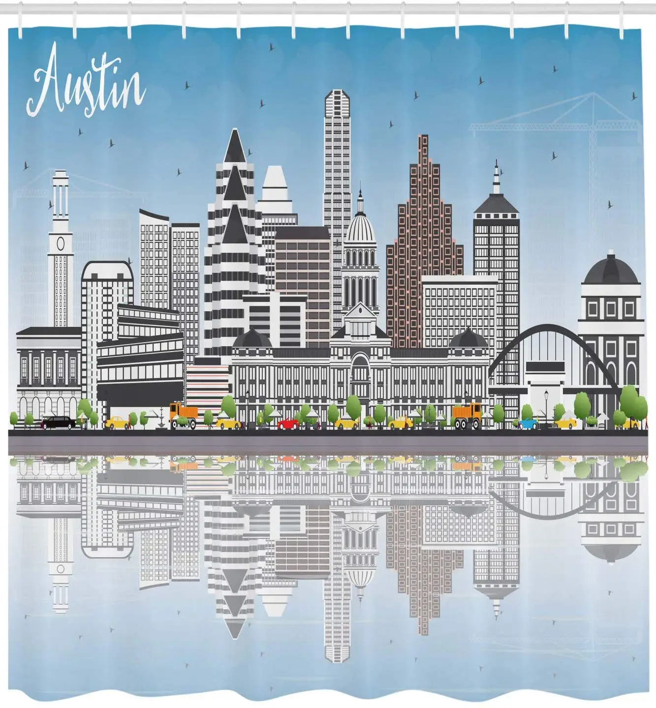 Остин занавеска для душа цифровое искусство горизонт с серыми зданиями голубое