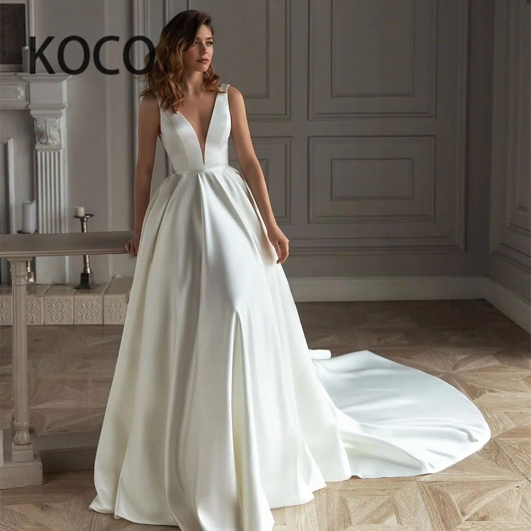 

MACDUGAL Wedding Dresses 2021 Elegant Satin V Neck Beach Party Bride Gown Beading Backless Vestido De Novia Civil Women Skirt