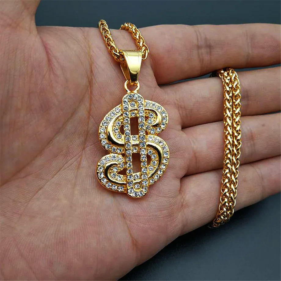 

Hiphop Iced Out Bling Dollar Pendant Neckalce Gold Color Stainless Steel Cubic Zirconia Charm Necklaces Men Hip Hop Jewelry