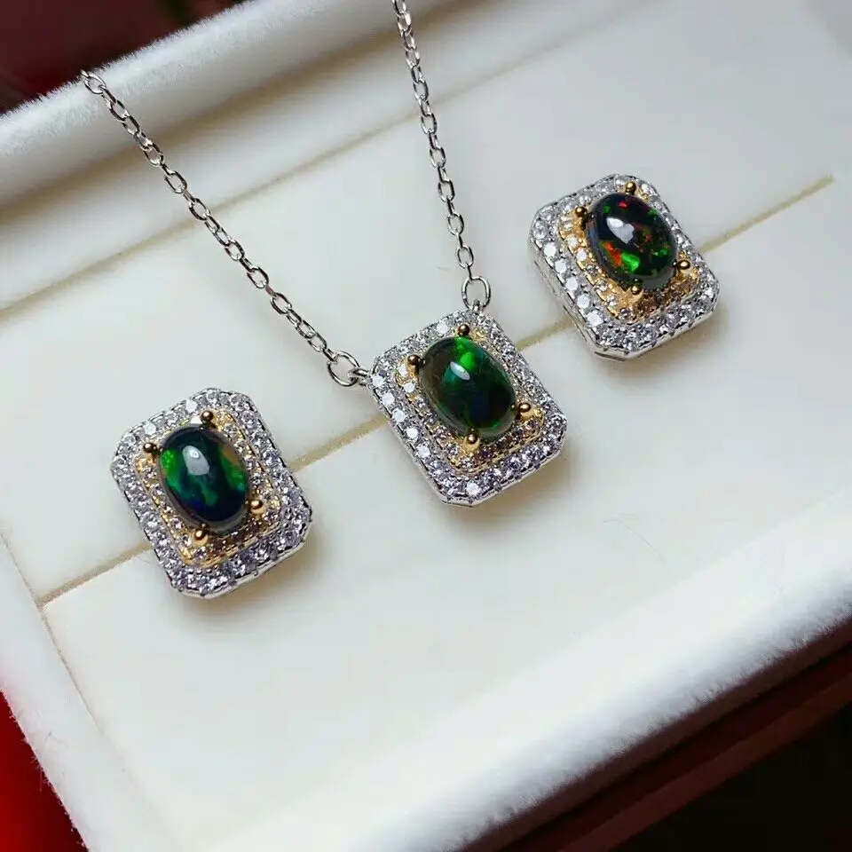 

MeiBaPJ Natural Black Opal Gemstone Square Ring and Necklace 2 Pieces Siut for Women Real 925 Sterling Silver Fine Jewelry Set
