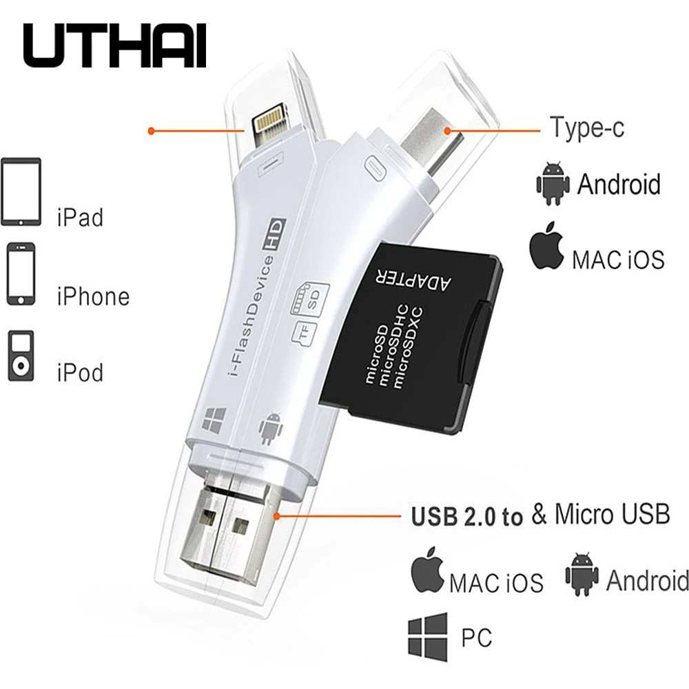 Утхай C80 быстрозаряжаемый Micro SD/TF OTG кард-ридер Multi чтения карт памяти мини-адаптер для iPhone 6/7/8 11 XR Plus iPod iPad OTG Картридеры