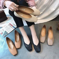 fashion women flat shoe elegant shallow low heeled sandals 2021 beige korean slippers square toe slip on simple woman shoes