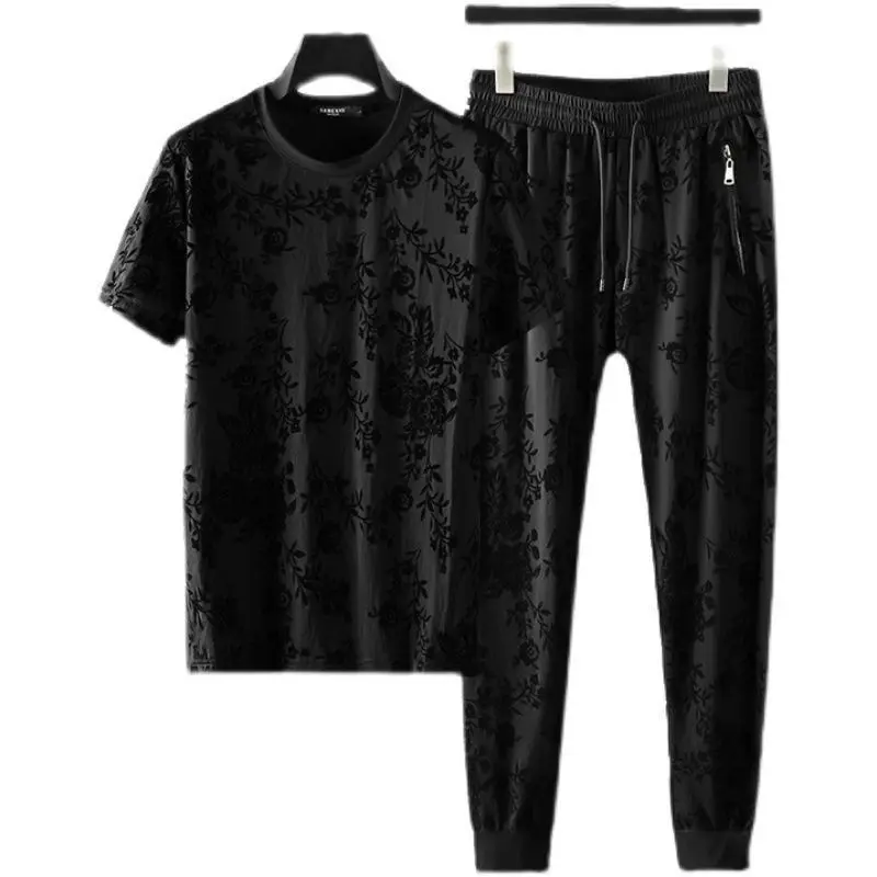 

2021summer new printed men's flocking floral slim sports casual suit short-sleeved fashion trend two-piece sportswear for men
