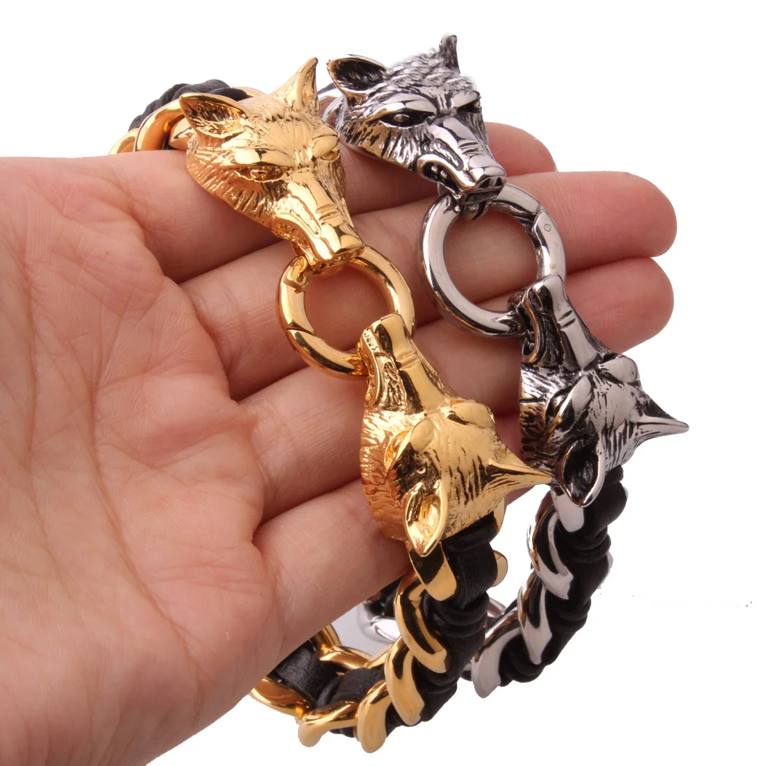 

Granny Chic Fashion Men stainless steel leather wolf bracelet 316L biker heavy jewelry gifts gold Color wholesale dropship