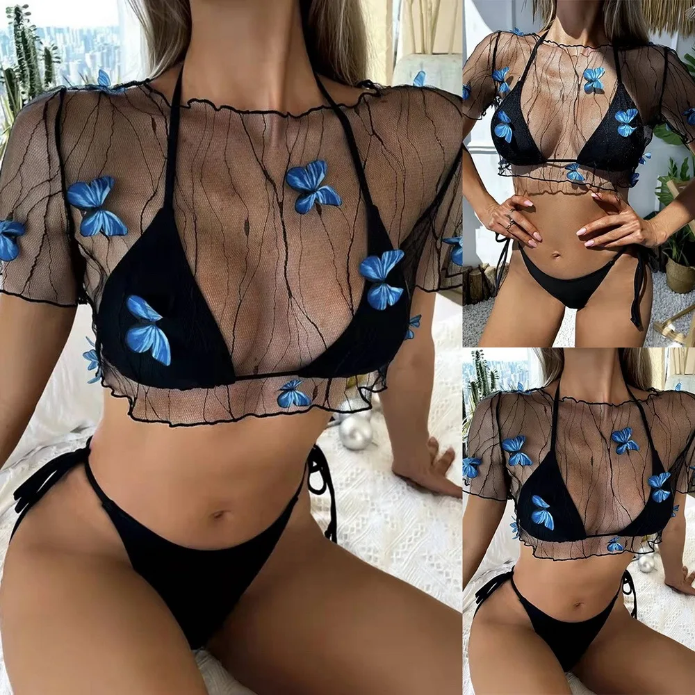 New Sexy Three Pieces Bikini Set 2022 Push Up Women Butterfly Swimsuits Micro Swimwear Bathing Suit Brazilian Biquin | Женская одежда