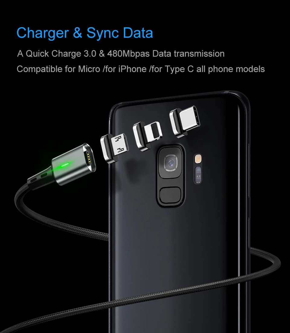 Elough led micro usb cable for xiaomi redmi note 5 pro phone charger magnetic cable for iphone usb type c magnet charging cable