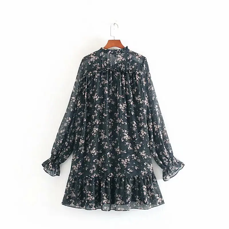 Женское милое мини платье с бантом V образным вырезом и цветочным принтом