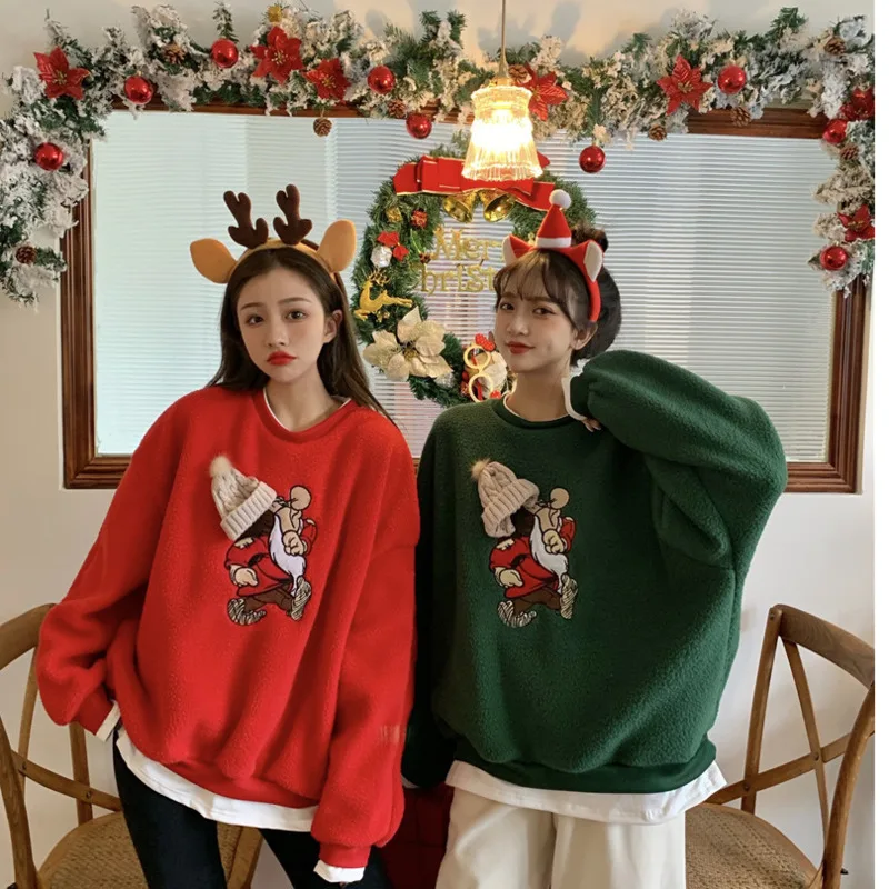 

Женские пуловеры, утепленный костюм из двух частей, повседневный свободный свитер с вышивкой на Новый год и Рождество, Женская Эстетическая...