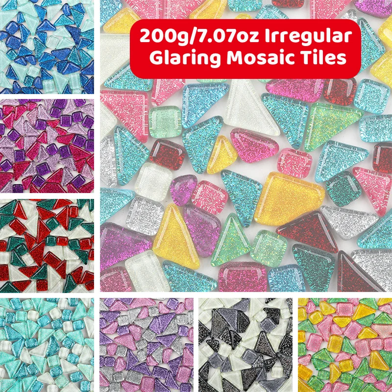 

200g/7.05oz (Approx. 125pcs) Irregular Shape Glass Mosaic Tiles DIY Mosaic Craft Materials Glitter Square/Rhombus Mosaic Stones