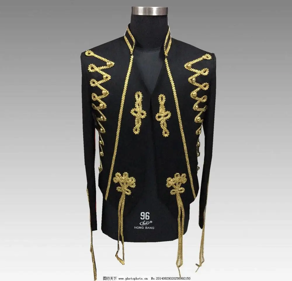 

Male Golden Floral Non Button Slim Fit Jacket Coat Fashion Men's Military Style Orchestra Performance Clothing Man Unique Suits