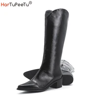 women cowboy cowgirl western boots chunky stacked heel midi calf booties size 3448 pointed toe autumn winter pu leather shoes