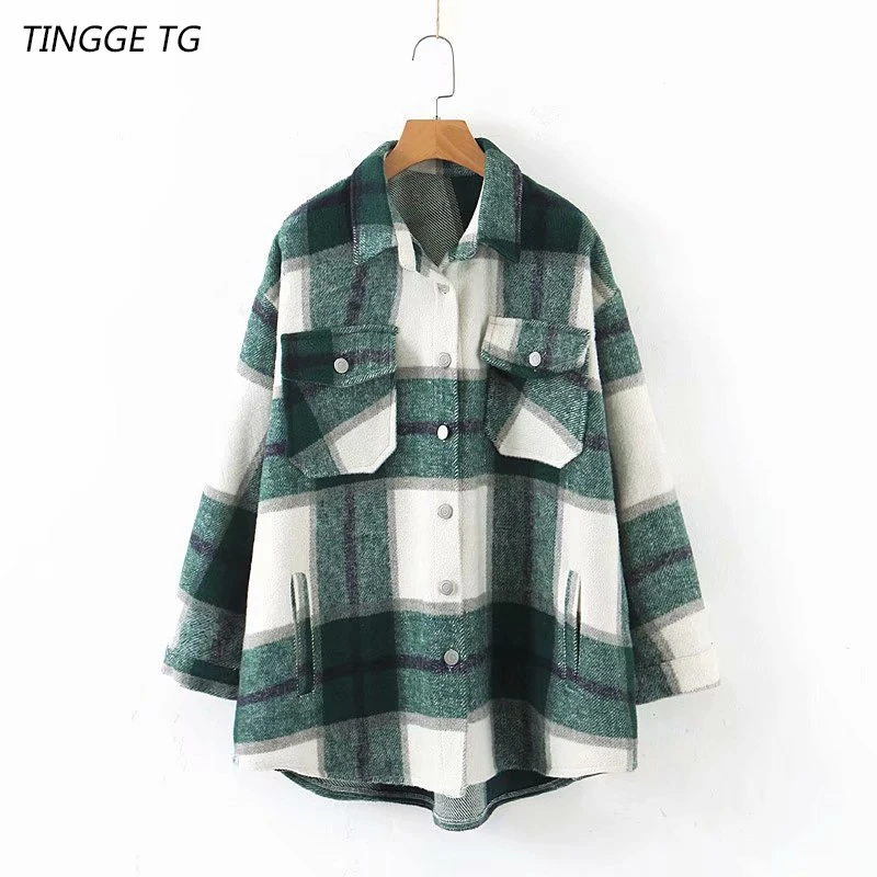 

traf za Blusas Fall 2021 Women's Top Lapel Long Sleeve Cardigan Buttoned Pocket Loose Plaid Shirt Chemise sheines femme Btses