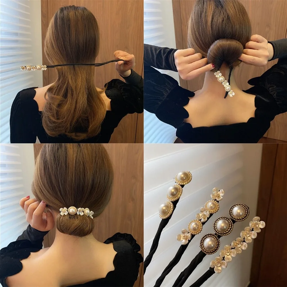 

Elegant Pearl Hair Bun Maker Women Hairstyle Donut Hair Stick DIY Updo Hair Accessories Tool Floral Plate Hair Hairband Chignon