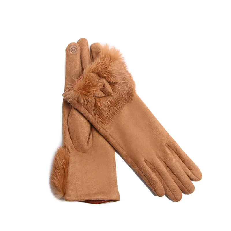 

Winter Female Suede Leather Bow Plush Wrist Mitten Women Thick Plus Plush Windproof Warm Touch Screen Driving Gloves