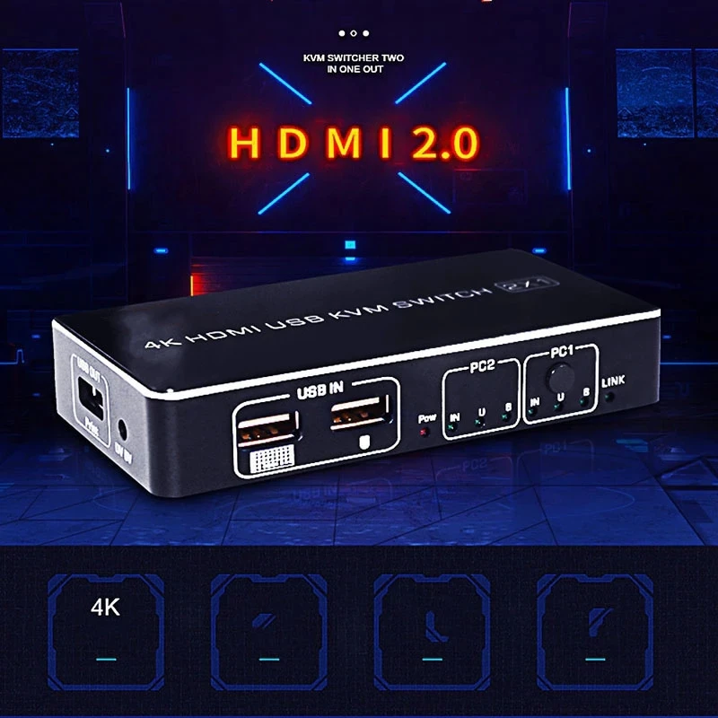 

4K HDMI USB KVM Switch Box Video Converter 2x1 KVM Switcher Splitter for 2 PC Computer Sharing 1 Printer Keyboard Mouse U Disk