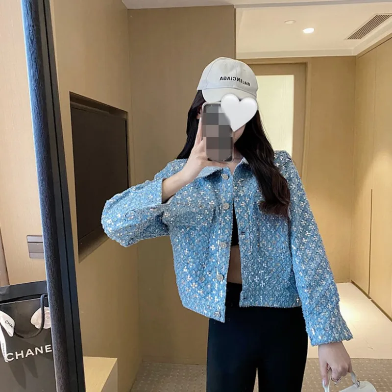 

Shiny Sequined Denim Jacket Women Casual Loose Short Outerwear Streetwear Tops Ladies Single Breasted Long Sleeve Jean Jackets