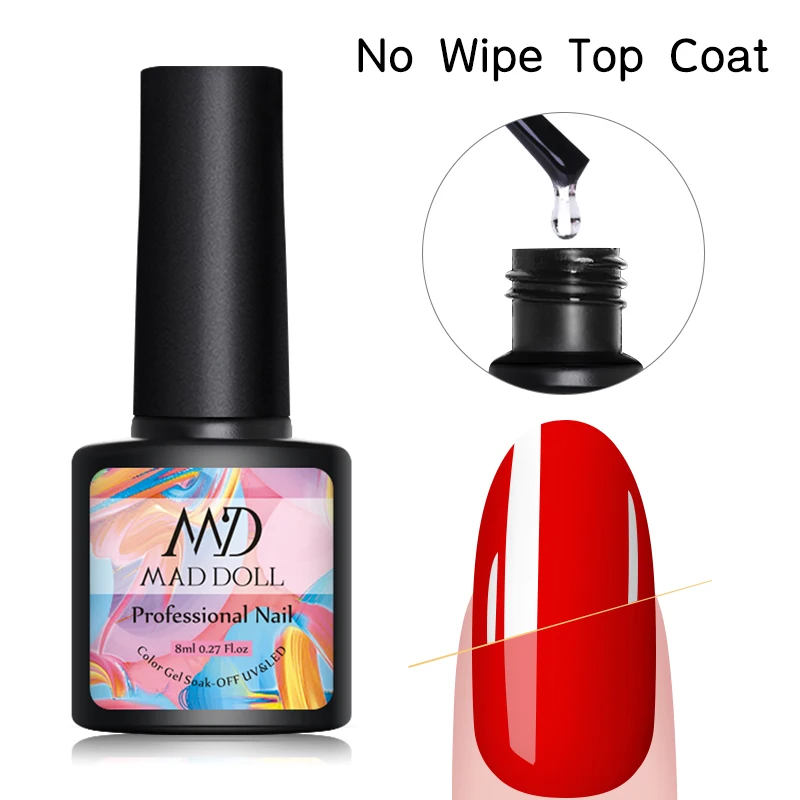 No Wipe Top Coat MAD DOLL, 8 мл, Гель-лак для ногтей, красный, синий, фиолетовый, смешанные цвета, отмачивается от УФ-лака, долговечный гель для дизайна ногтей - Цвет: No Wipe Top Coat