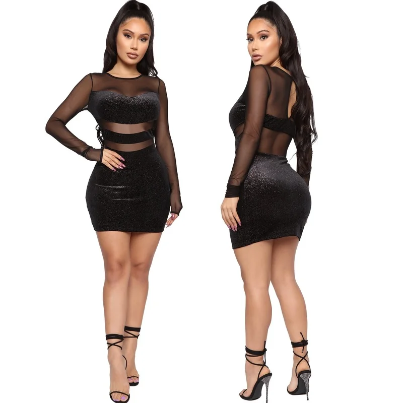 

Sexy Black Bodycon Party Dresses See Through Long Sleeve Mesh Glitter Bag Hip Mini Dress Autumn Winter Club Night Outfits