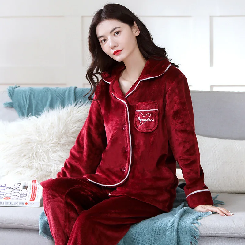 M-5XL Ladies Coral Fleece Fall/Winter New Style Youth Homewear Fashion Warm Pajama Set