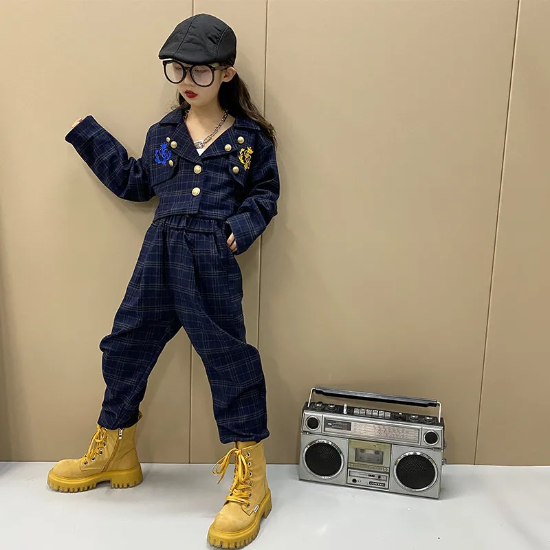 

6-Piece girl's Plaid suit 2021 spring dress new British fashion children's coat straight pants 2-piece set