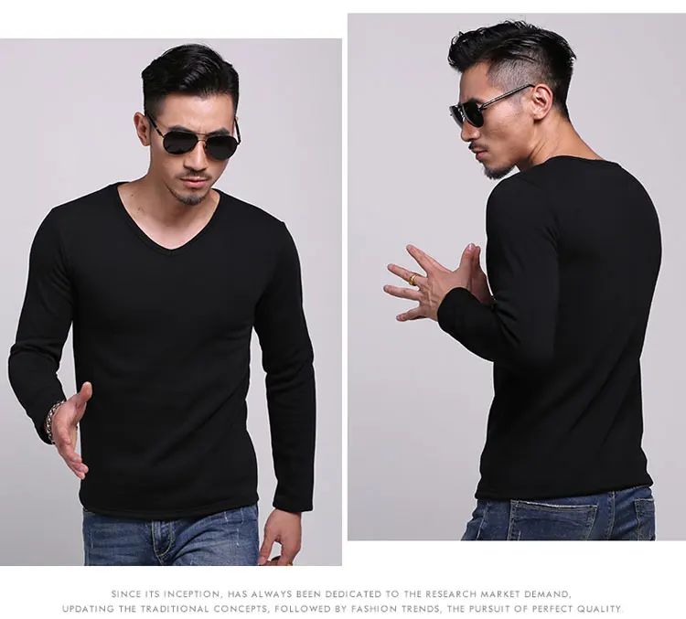 2PCS Spring Autumn Mens Warm Thermal Man Long Sleeve Casual V Neck Velvet Thick Plus Thick T-Shirt For 100kg