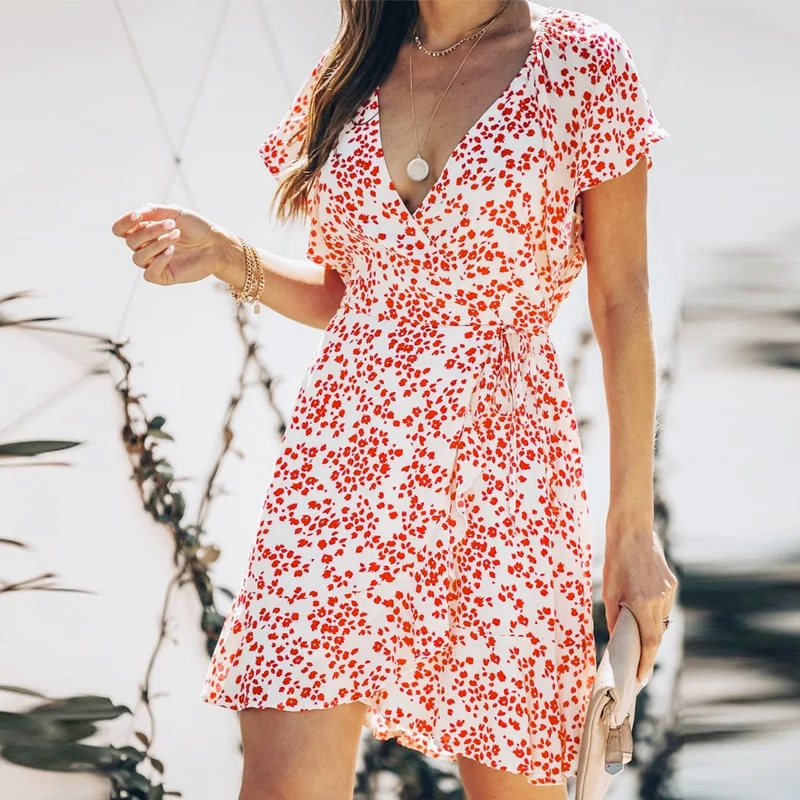 

Women's V-Neck Printed Sexy Open Chest Lace-Up Fashion Dress Red