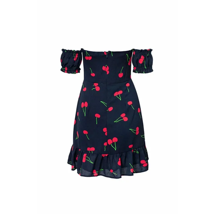 Cherry Printed Skirt Flounced Hanging Shoulder Boob Tube Top Horizontal Neck Dress | Женская одежда