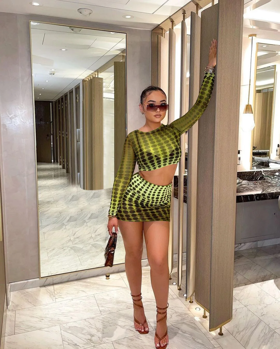 

PLSW Two Piece Set Women Sexy Sheer Mesh Wave Point Print Skirts Long Sleeve Crop Top + Mini Skirt Skinny Club Party Set